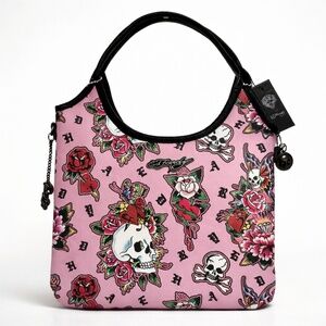 ED HARDY Pink Skull Rose Tattoo Shoulder Bag Hobo Purse Charm Details